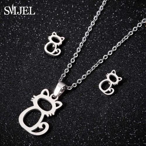 SMJEL Fashion Minimalist Jewelry Set Female Stainless Steel Golden Sliver Color Cats Stud Earrings Necklaces Earing For Girls