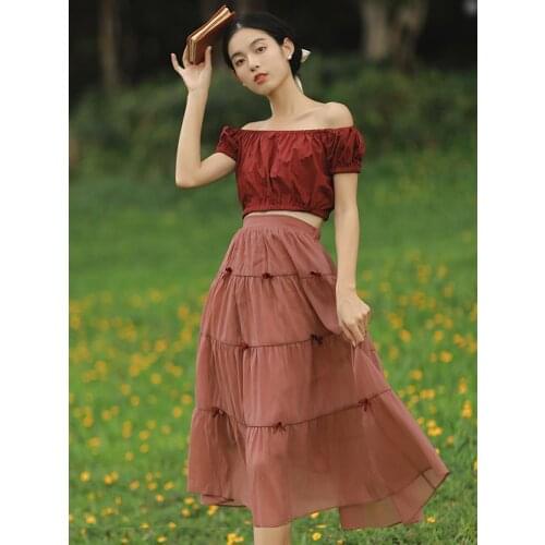 French Fashion Elegant Summer Womens Dress Set Slash Neck Strapless Sexy Top+Bowknot Cute Chic Design Sense Retro Mesh Skirt