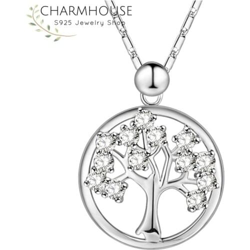 White Gold Color GP Necklaces For Women AAA Zirconia Life Tree Round Pendant & Necklace Link Chain Collier 925 Silver Jewelry