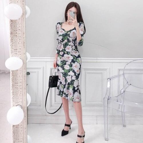 Women Dress Autumn 2021 New Office Lady Korea Style Fashion Ruffles Knitting Print Full Sleeve Floral Zipper V-Neck Dresses Traf
