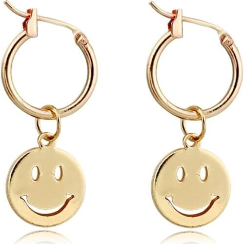 1Pair Funny Smiley Face Pendant Hoop Earrings For Women Men Handmade Gold Color Metal Endless Circle Earrings Jewelry Gifts