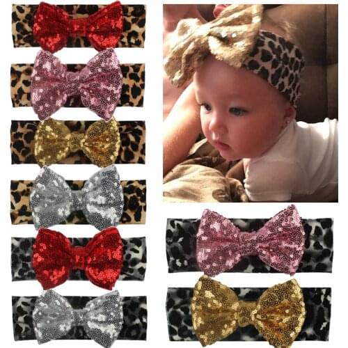 1pcs Toddler Baby Girls Leopard Sequins Big Glitter Hair Bow Kid Baby Nylon Bow Hairband Headband Stretch Turban Knot Head Wrap