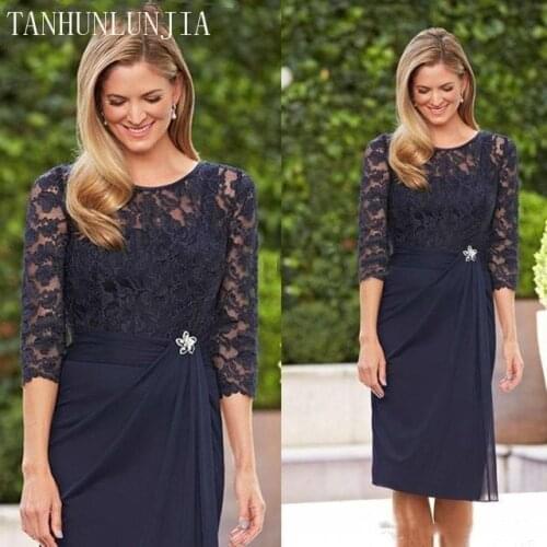 3/4 Sleeves 2021 Mother Of The Bride Dresses Sheath Knee Length Chiffon Lace Plus Size Short Groom Mother Dresses For Weddings