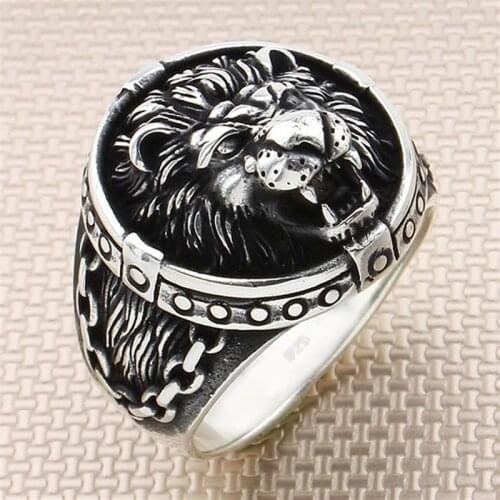 925 Sterling Silver Ring For Men For Women Handmade Roaring Lion With Chain Design Gift For Him Mens Rings Turkish Jewelry