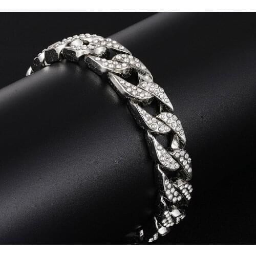 Hip Hop Iced Out Paved Rhinestones 13.6MM Gold Miami Curb Cuban Chain CZ Bling Rapper Bracelets For Men Jewelry