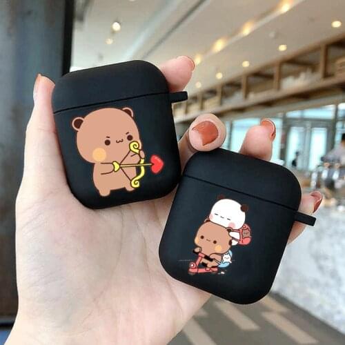 I LOVE U Couple Cute Grey Cat Soft earphone sleeve is suitable for Airpods 1 2 Pro wireless bluetooth earphone sleeve black