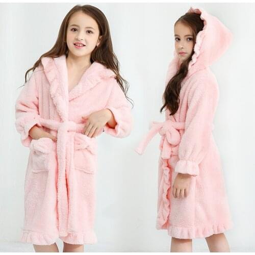 Childrens bathrobe for girls 2-13Y Flannel bathrobe cute pink baby bathrobe with a hood for children winter bath robe kids