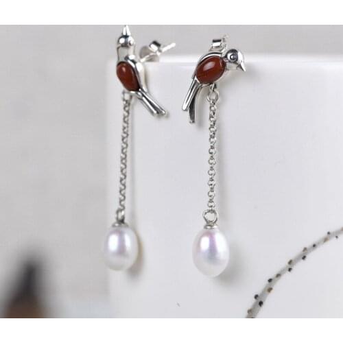 FNJ Magpie Bird Earrings 925 Silver 100% Pure Original S925 Silver Sterling Drop Earring for Women Jewelry Freshwater Pearl