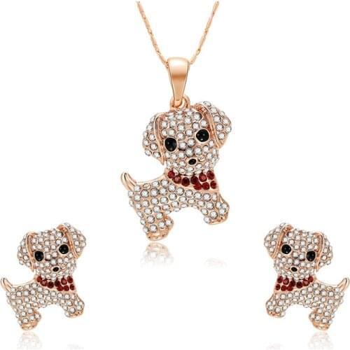 HC Fashion Crystal Cartoon Animal Pendant Womens Necklace Earrings Jewelry Set Cute Dog Charms Jewelry for Children Baby Gift T