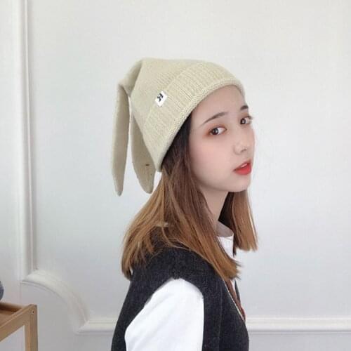 Korean Women Girls Autumn Knitted Beanie Hat Cute Long Rabbit Ears Letters Patch Student Stretchy Warm Cosplay Cuffed Skull