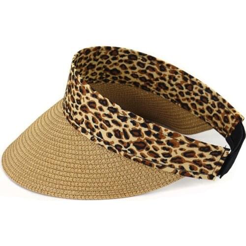 Summer Women Straw Visor Cap Outdoor Sports Cycling UV Protection Sun Golf Baseball Cap Khaki Leopard Print Beach Cap for Ladies