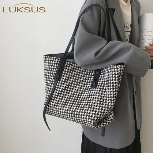 LUKSUS Winter Black Brown Woolen Houndstooth Tote Bags for Women 2020 Designer Casual Bag with Purse Bolsos Para Mujer Sac Femme
