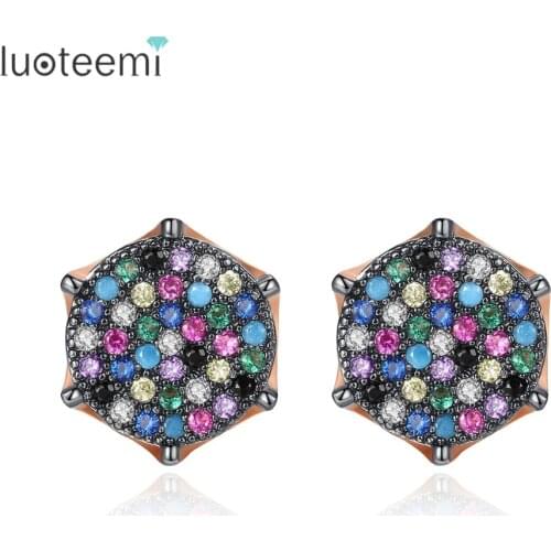 LUOTEEMI Cute Design Hexagon-shaped Stud Earrings for Women Party Luxury CZ Exquisite Jewelry Brincos Multicolors Christmas Gift