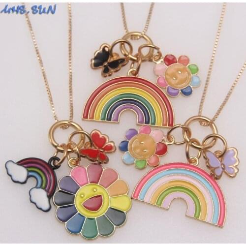 MHS.SUN 1PC New Arrival Rainbow/Flower/Butterfly Pendant Long Chain Necklace For Kids Children Charm Pendant Necklace