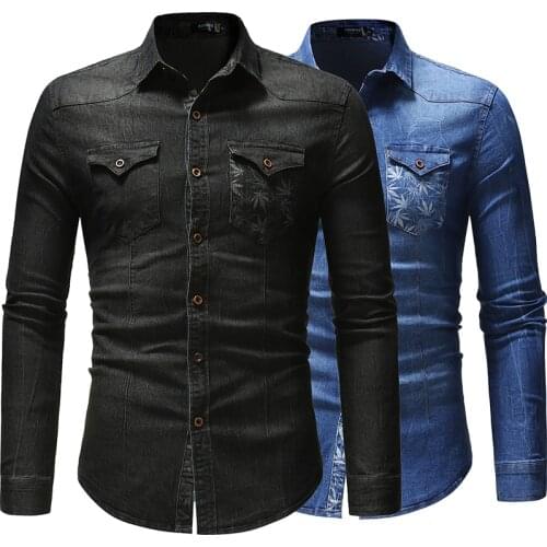 Men Shirts 2020 New Foreign Trade Denim Shirt with Leaf Print Pocket Decoration for Mens Long Sleeve Shirt
