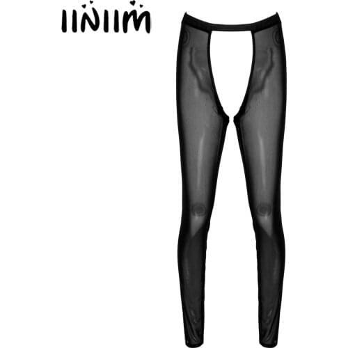 Men Open Crotch Underwear Sexy Hollow Out Sheer See-through Mesh Leggings Elastic Waistband Crotchless Skinny Pants Nightwear