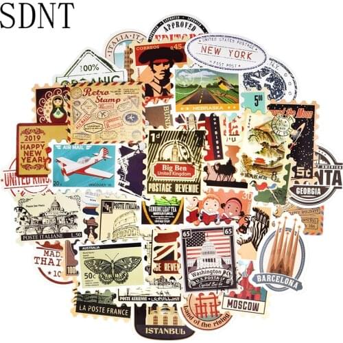 50 PCS Stamp Retro Sticker Travel Postmark Building Graffiti Waterproof Stickers for DIY Laptop Suitcase Skateboard Car Stickers