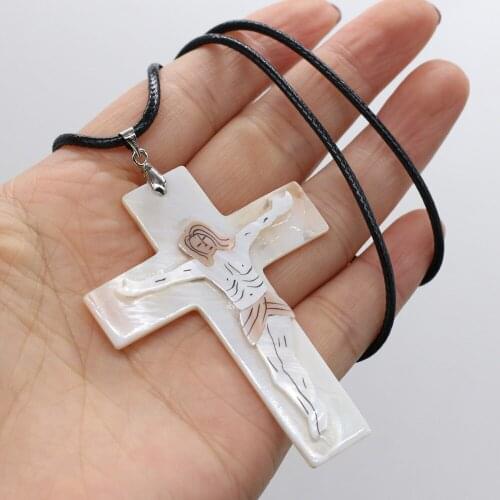 Natural Shell Necklace With Cross Pendant Leather Cord 2MM Charms For Elegant Women Love Romantic Gift