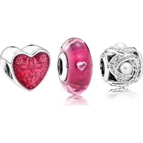 NEW 100% 925 Sterling Silver 1:1 Original Valentines Day Charm Glass Beads Pearl Beaded Set Gift Jewelry Women Luxury Goods