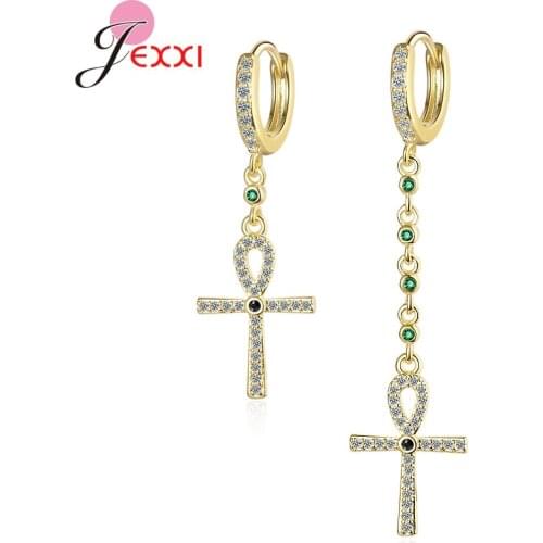 Religionary 925 Sterling Silver Rhinestone Dropping Earrings For Christian Asymmetry Cross Hanging Earring Fine Jewelry Gift