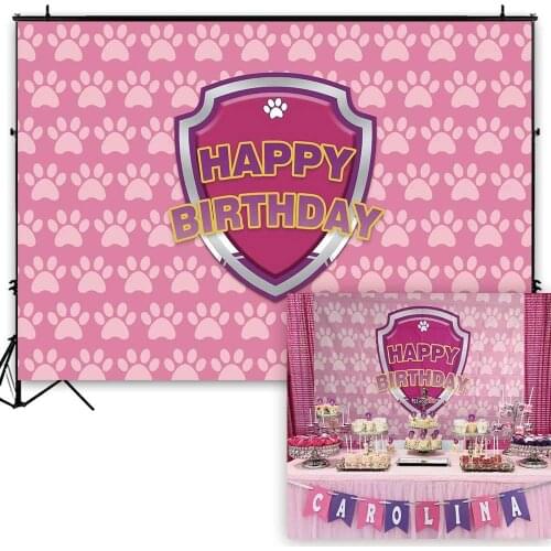 Pink Dog Paw Backdrop Baby Girls Cartoon Birthday Pet Theme Party Banner Kids Photography Background Cake Table Decor prop B353