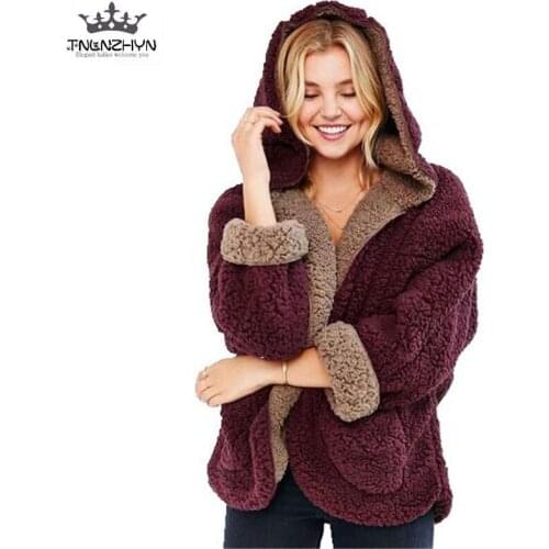 TNLNZHYN 2019 Fashion Winter Women Lambs Wool Coat Both Sides Wear Jacket Loose Bat Sleeves Casual Hooded Pure Color Coats A52