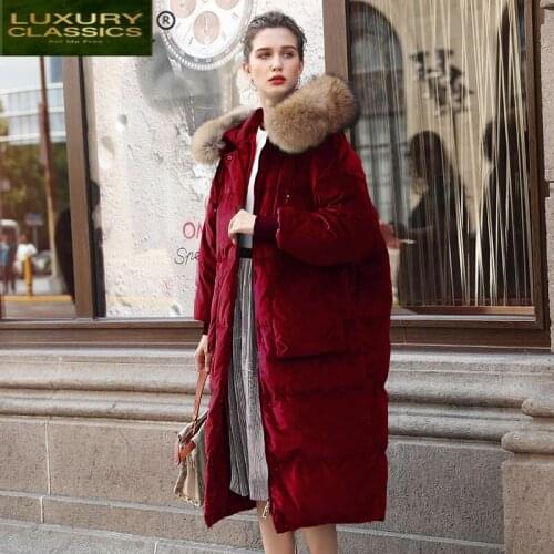 Thick Winter Coat Female Warm Womens Down Jacket Raccoon Fur Hooded 2021 Korean Vintage Velvet Long Duck Down Coat W1297
