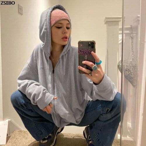 Harajuku zip up hoodies mulheres manga longa baggy sweatshir bolso cardigan outono casual sólido streetwear moda korean fashion