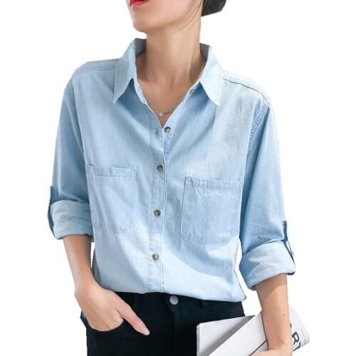 Spring Autumn women Solid color Basic Style Turn-down Collar Long sleeves pocket blouse loose Thin Denim shirt casual tops