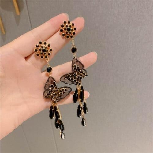 Black Crystal Butterfly Tassel Super Long Drop Earrings For Women Personality 2021 New Jewelry pendientes