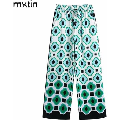 MXTIN 2021 Women Summer Vintage Geometric Print Bow Tie Straight Pants Fashion Elastic Waist England Style Trousers Mujer