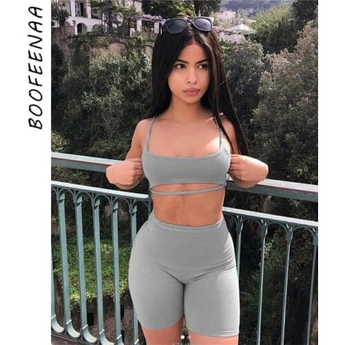 BOOFEENAA Sexy Short Two Piece Set Crop Tops and Biker Shorts Grey Black Bodycon Matching Sets Summer Clothes for Women C83-BB14