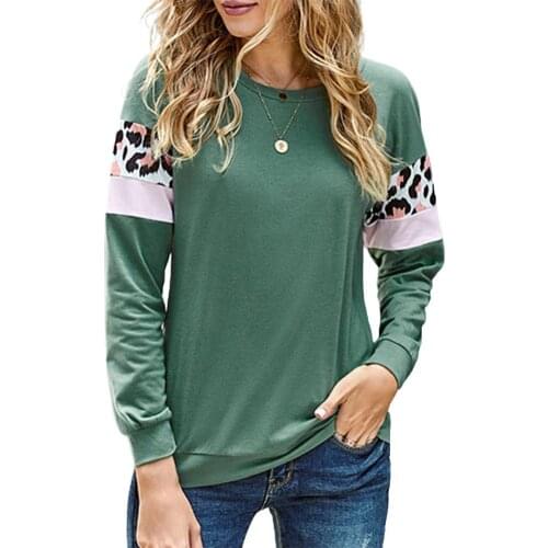 Autumn Winter Casual Women O Neck Long Sleeve Leopard Patchwork Pullover Blouse Sweatshirt Sport Clothes Slim-fit Sweater