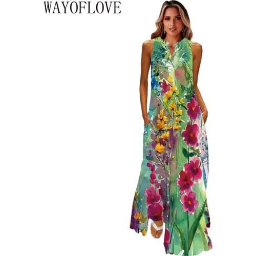 WAYOFLOVE Floral Print Green Dress Women 2021 Long Casual Breathable Dresses Summer Woman Sleeveless Girl Beach Maxi Dress Women