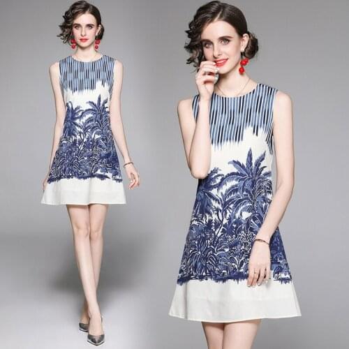 Summer Beach Womens Sleeveless Shirt Loose A-Line Sundress Fashion Tropical Jungle Floral Leaves Print Fixed Tank Dress B68980