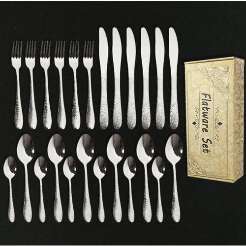 24Pcs Cutlery Set 304 Stainless Steel Silver Dinnerware Set Knife Fork Spoon Flatware Silverware Kitchen Tableware Set Gift Box