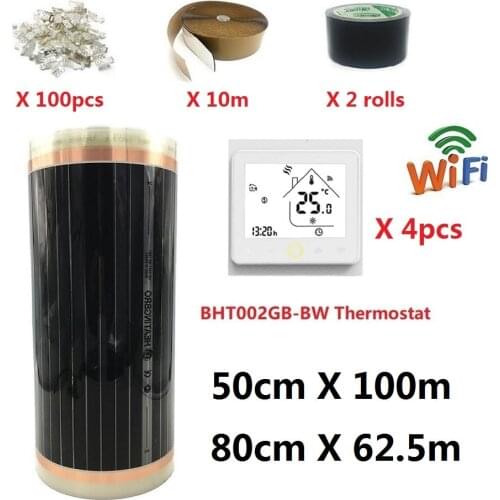 50m2 Infrared Heating Film 220w/m2 0.5mX100m/0.8mX62.5m Warm Floor Mat with Thermostat WiFi and Accessories