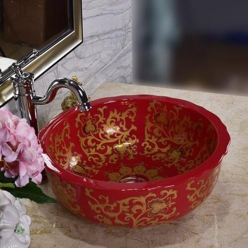 Antique retro style porcelain basin bathroom sinks hand painted porcelain sinks red ceramic wash basin bathroom sink
