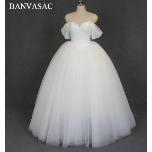 BANVASAC 2017 New Elegant Pleat Strapless Wedding Dresses Vintage Short Sleeve Satin Draped Lace Bridal Ball Gowns