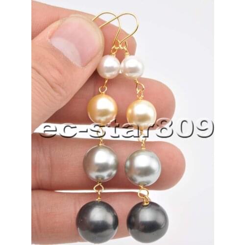 P6360 White Golden Gray Black Round SOUTH SEA SHELL PEARL Tower Dangle Earring