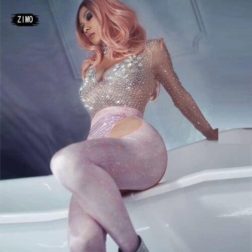 Sparkly See through Rhinestone Crystal Jumpsuit Long Sleeve pink nude women Nightclub Prom Party Singer Jazz Dance Stage Costume