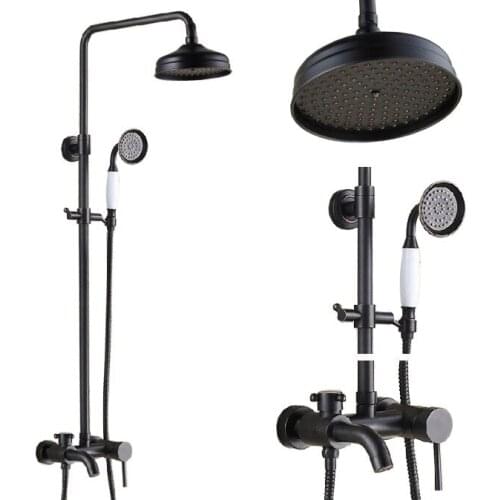 Black Oil Rubbed Brass Single Handle Bathroom 8 Inch Round Rain Shower Faucet Set Bath Tub Mixer Tap Hand Shower mrs343