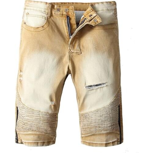 Old Mens Denim Knife Cut Holes Slim Denim Shorts Mens Youth Five-point Pants Retro Style Solid Color Personality Zipper
