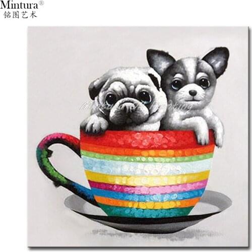 Mintura Painting for Living Room Wall Art Cartoon Two Dogs in A Cup Acrylic Canva Oil painting Hand Painted Home Decor No Framed