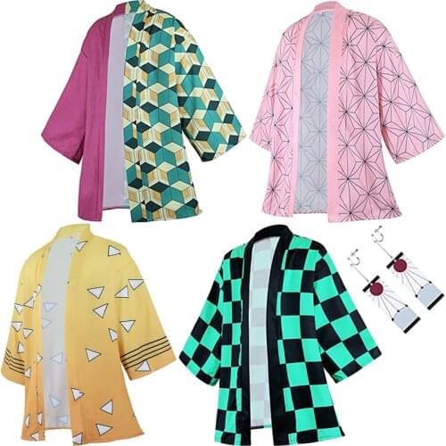 Anime Demon Slayer Kimetsu No Yaiba Cosplay Costume Kamado Tanjirou 3D Printing Kimono Earring Set Casual Cloaks Tops Halloween