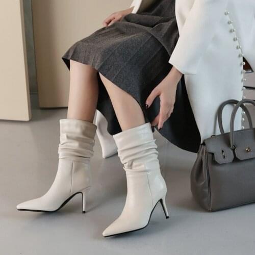 Fashion Pleated Women Ankle Boots Sexy Thin High Heel Short Boots Ladies Pointed Toe Autumn Winter Shoes Woman Black Beige Green