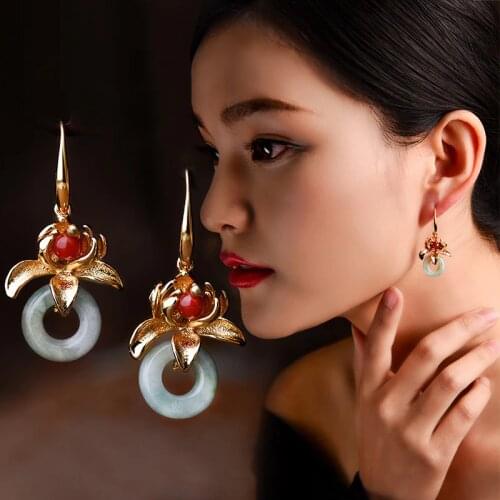 New Red classic flowers dangle earrings women Nature Aventurine vintage earrings , nature stone Ethnic earrings jewelry