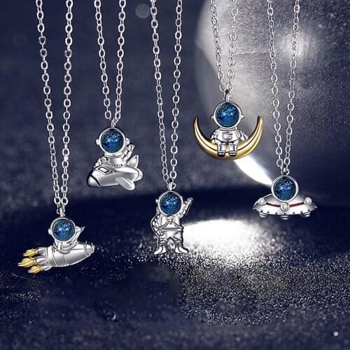 Galaxy Blue Astronaut Necklace Silver Color Spaceman Pendants Chain Necklace Funny For Women Girl Neck Jewelry Accessories