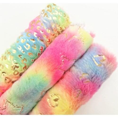 Rainbow Fur, Gold Hearts Stars Leopard Printed on Immitation Rabbit Fur Fabric Vinyl Sheets For Toys Bags Bows 21X29CM 6S84