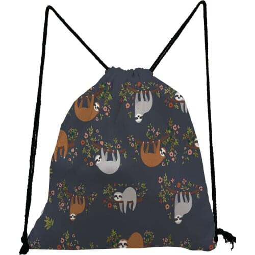 Floral Sloth Printed Backpack Pretty Animal Drawstring Bag Casual Travel Bag Portable Shoe Bag to School Large Capacity Book Bag